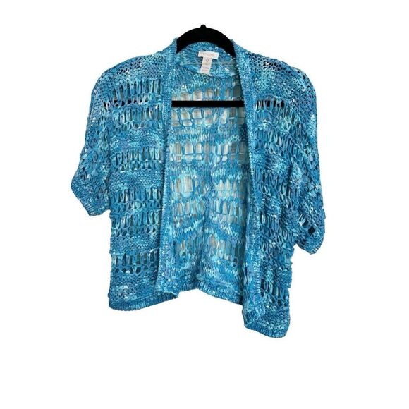 Chicos Cardigan Womens SZ 0 Small 4 Blue Oceanside Short Sleeve Crochet Shrug - Picture 1 of 10